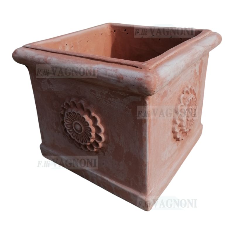 VASO IN TERRACOTTA QUADRATO CUBO CON ROSONE CM. 45x45x40